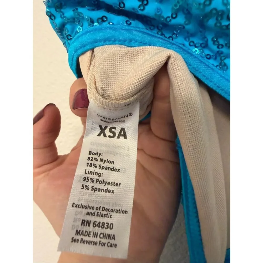 Weissman Elite Dance solo costume teal aqua Fringe Can You Do This D12439 XSA